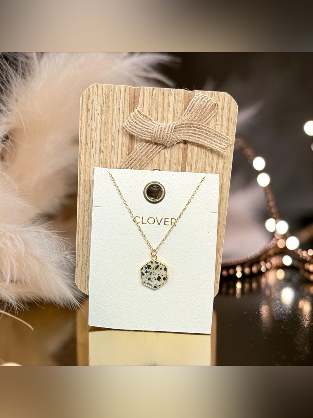 🖤CLOVER🖤Gold-Tone Hexagon Dalmatian Jasper Pendant Necklace/NIP
